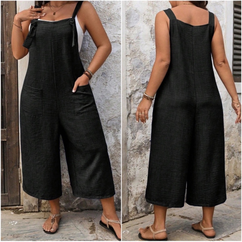 Plus Solid Black Adjustable Straps Wide Leg Cropped Jumper Jumpsuit 1X 2X 3X 4X